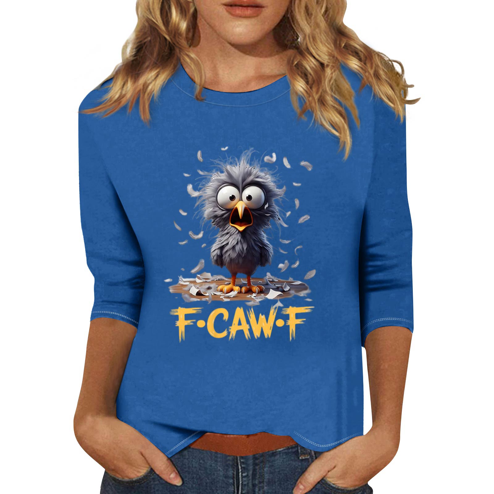 

Women s Fashion Casual Three-Quarter Sleeve Printed Neck T-Shirt Top M синий