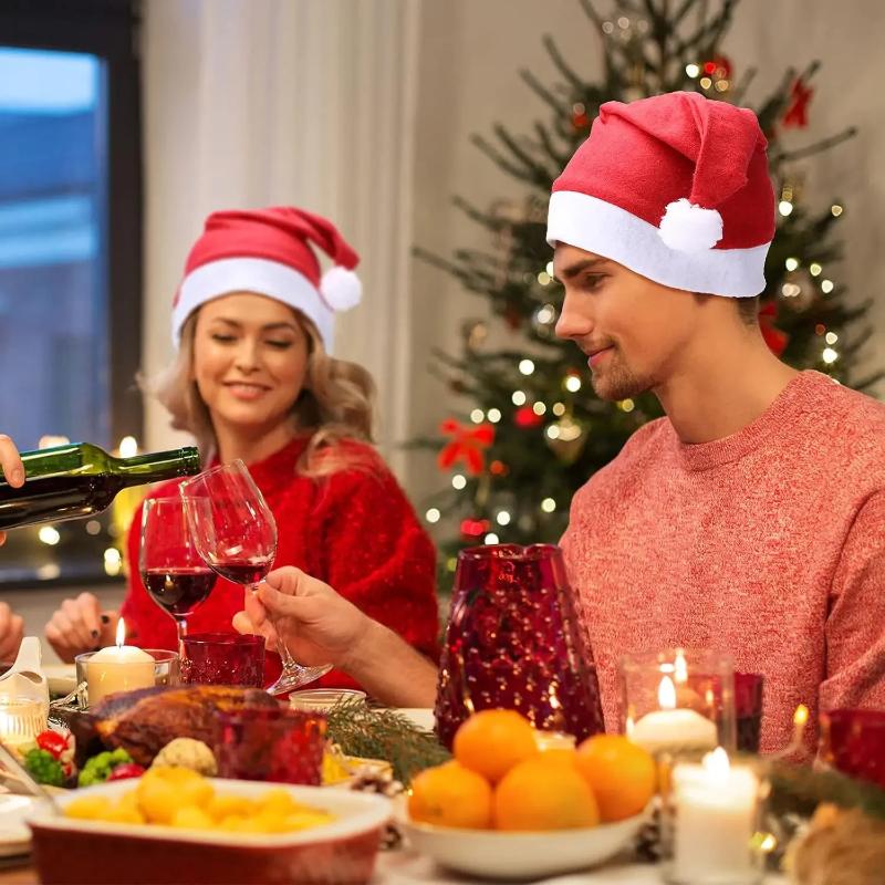 Christmas Santa Hats Comfortable Non-Woven Fluffy White Pom Pom Kids Adult Fit for Home Xmas Gatherings