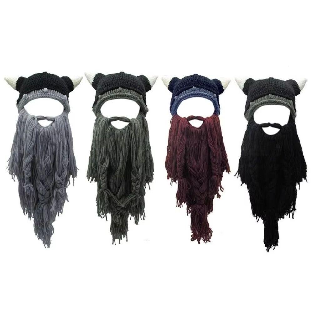 Horn Hat Viking Beard Beanie Handmade Knit Big Beard Mask Hat Wig Beard Hats Costume Accessory
