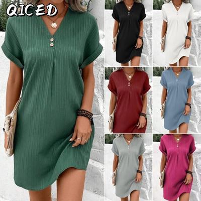 Robes Décontractées d'Été et de Printemps Couleur Unie Imprimé Manches Courtes Col en V
