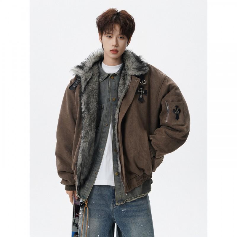 Men Winter Fleece Lined Thick Cotton Jacket Retro Cross Warm Stand Collar Coat