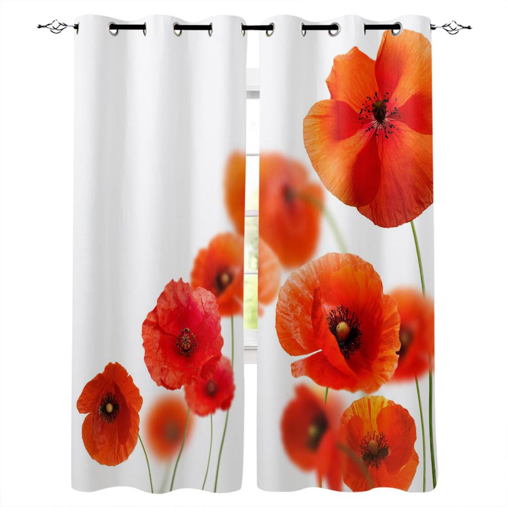 Red Flower Ink Painting Curtains 2 Panels With Valance Hook Floral Living Room Kids Kitchen Indoor Decor