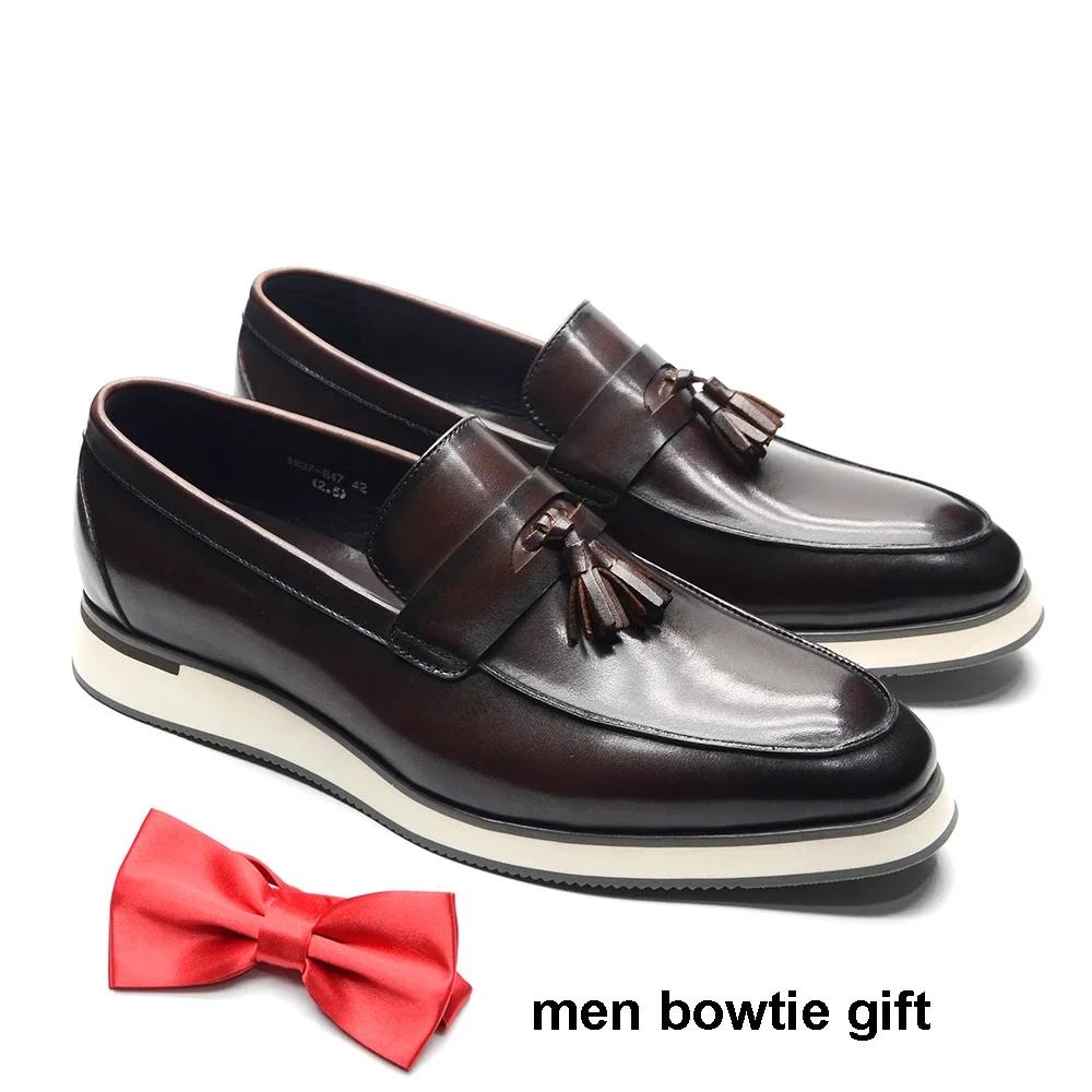 

XEBOS Handmade Mens Sneakers Genuine Leather Tassel Penny Loafers Man Autumn Casual Business Dark Brown Flat Shoes for Men 38