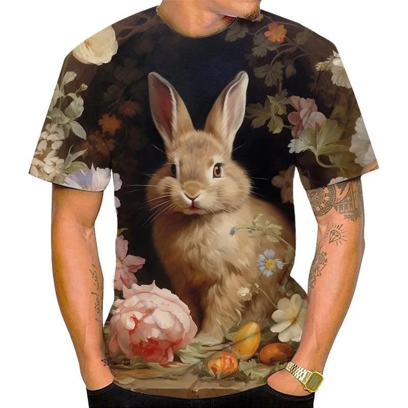 Cute Animal Rabbit Pattern T Shirt For Men Flower 3D Printed Tees Summer Casual Round Neck Tops Unisex T-Shirts Short Sleeves