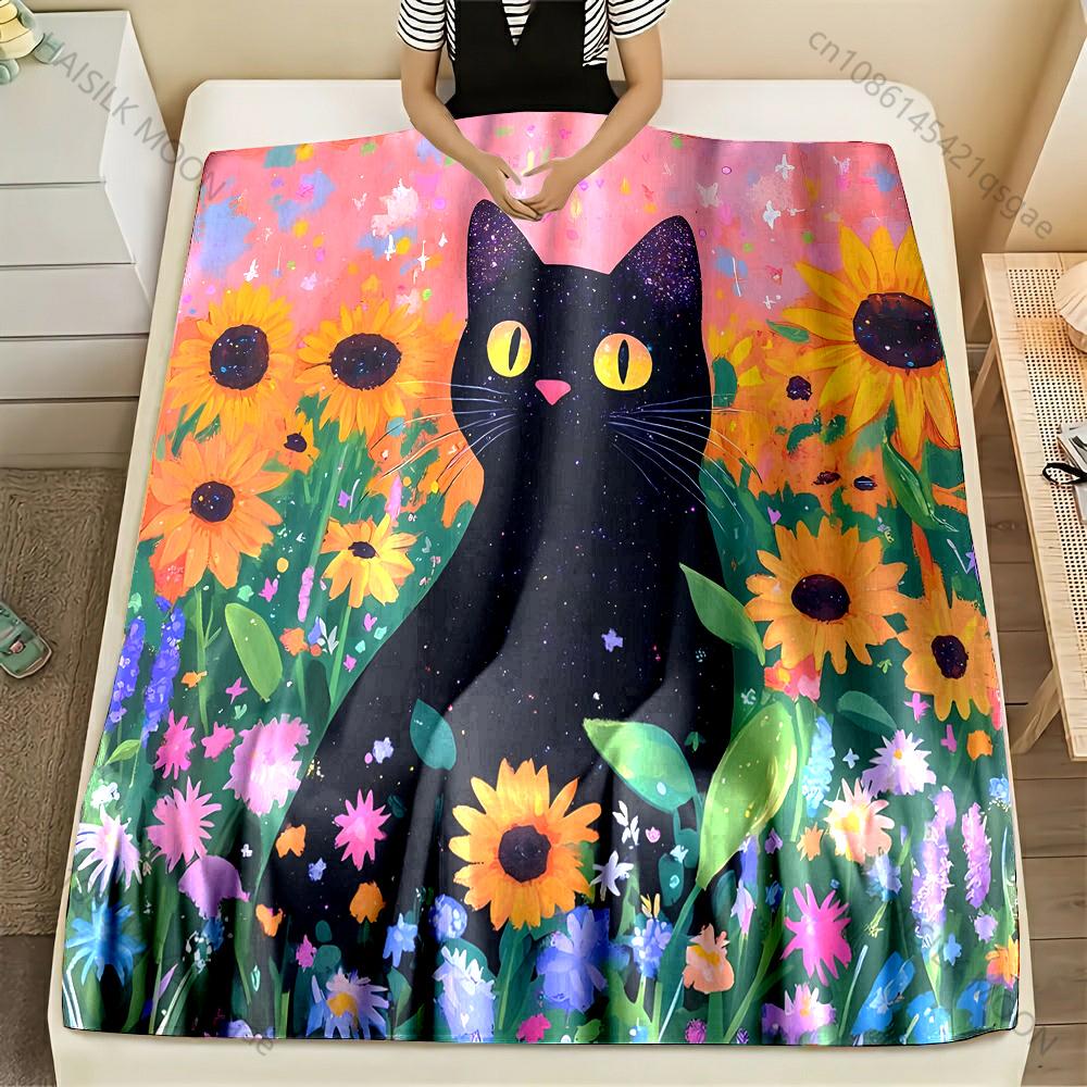 Sunflower Cat Theme Print Blanket Large Size Lightweight Super Soft Cozy Home Bed Sofa Office Tennis Court Available Great Gifts