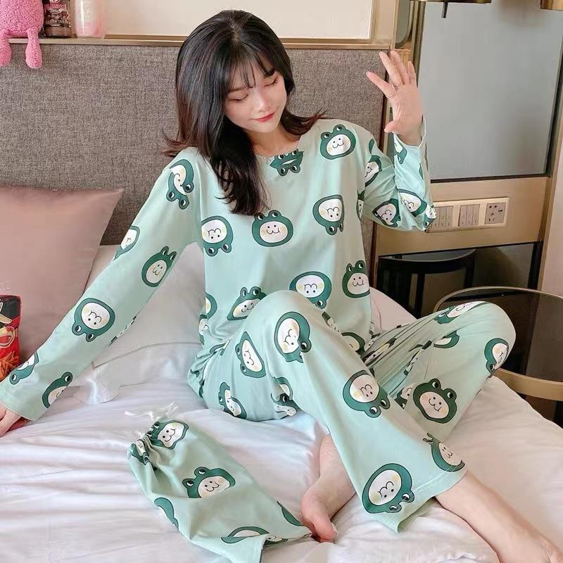 Damen Cartoon Bär Pyjama Frühling und Sommer Langärmelig Lässig Bequem Homewear Draußen Frauen Niedlich Floral Loungewear