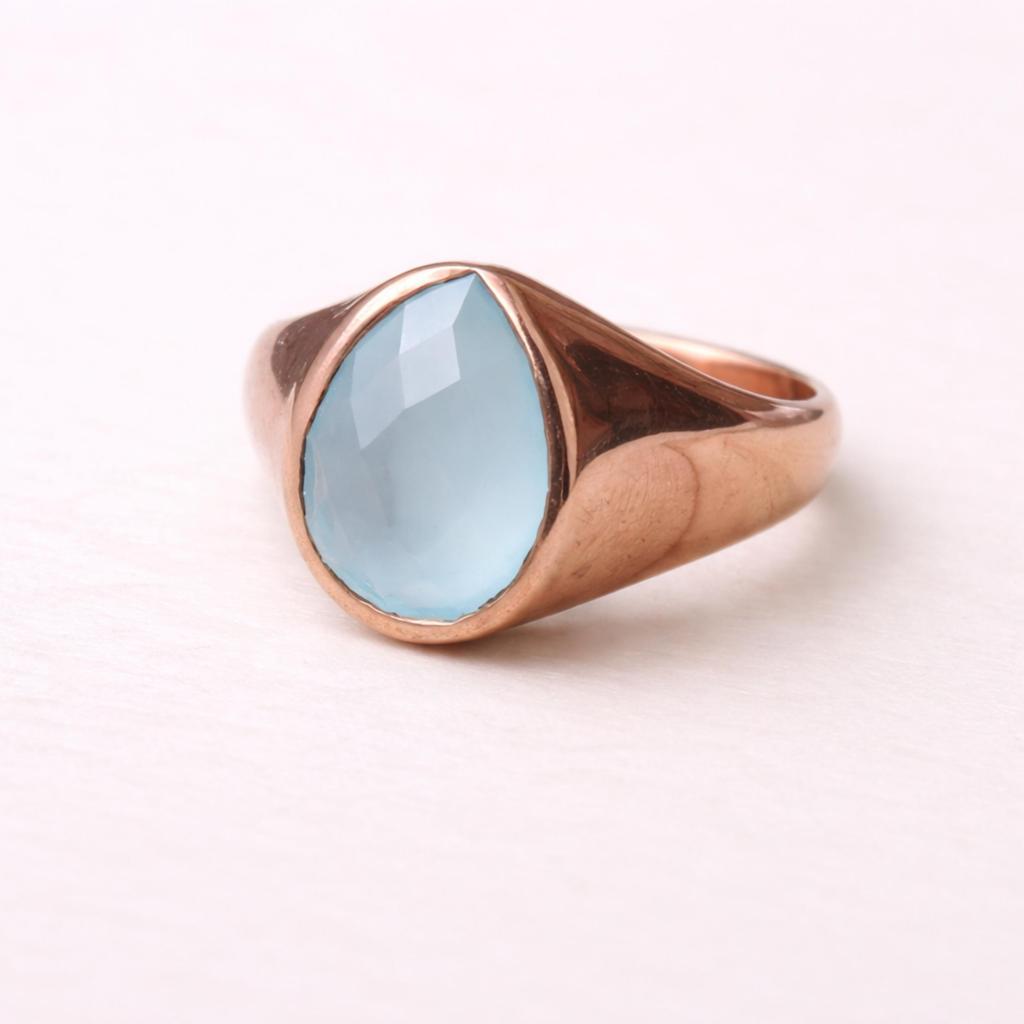 Aqua Chalcedony Pear Signet Ring, 925 Solid Sterling Silver, Pure Copper Handmade Boho Gemstone Ring