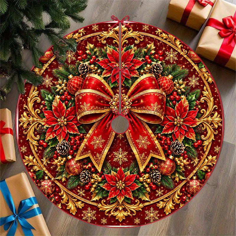 1pc 1pcs Tree Skirt with Round Bow Wreath & Poinsettia Berry Branches - Red Base Suitable for Christmas Tree Base Decor, Mat for Indoor Holiday Decora