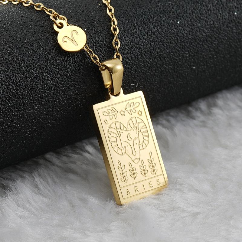 18K Gold Stainless Steel Zodiac Pendant Necklace - Square Constellation Design for Women