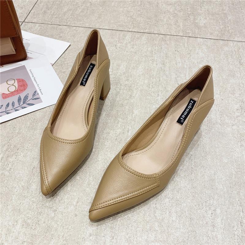 55-Pointed thick heel shallow mouth women's single shoes professional work shoes daily comfort high heels women's comfortable commuting