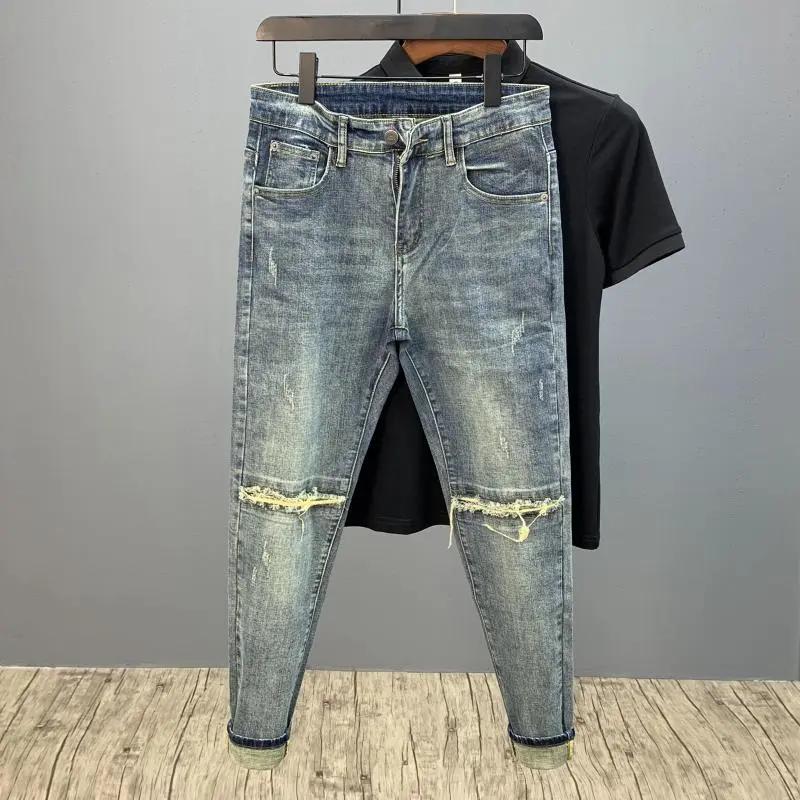 

Мужские весенне-осенние ковбойские корейские повседневные джинсы скинни из денима, красивые эластичные джинсы 27 джинсовый синий