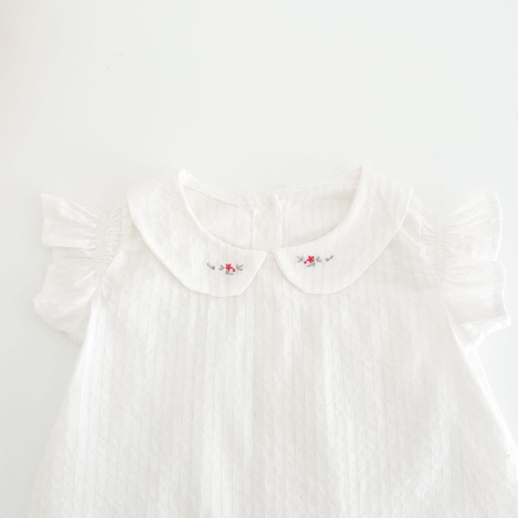 Girls Summer Hollow Out Jacquard Cotton Top Soft Breathable Flutter Sleeve Collar Embroidered Blouse