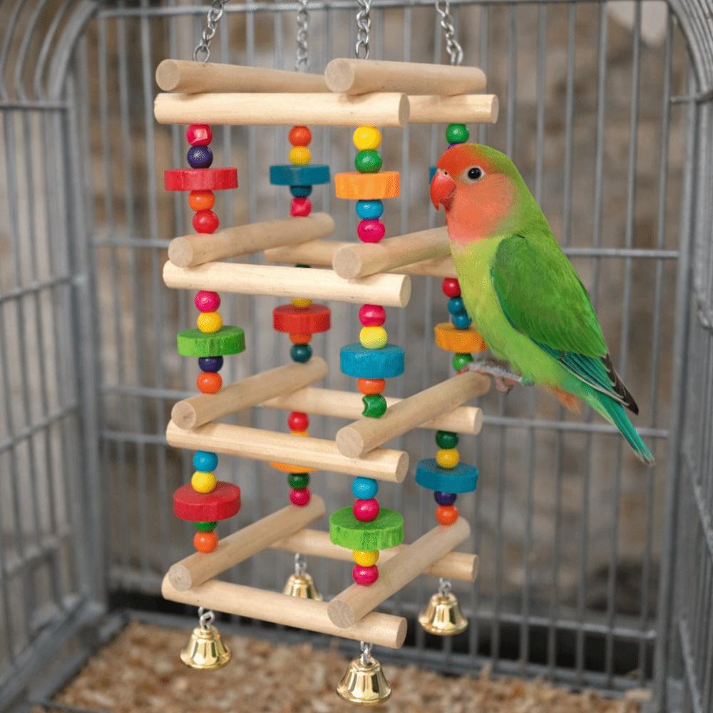 Colorful Wooden Parrot Chew Toys Bite Resistant Hanging Parrot Swing Toy Multi Layer with Bells Bird Climbing Ladder