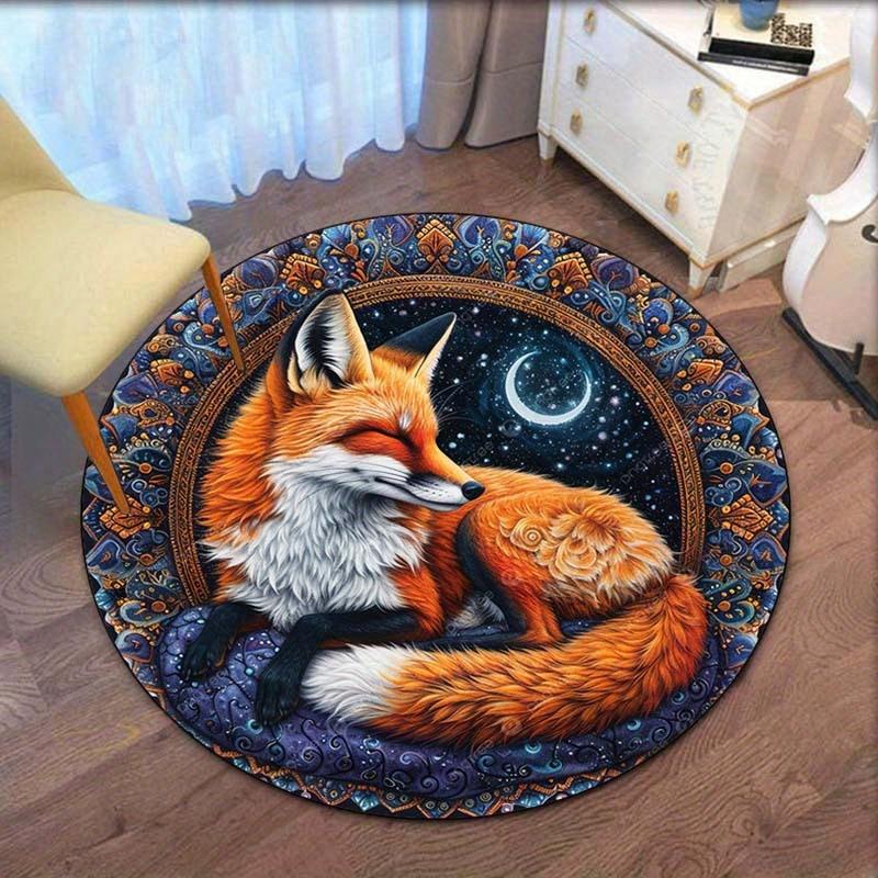 Fox Sleeping Under Moon Round Rug Night Sky Star Pattern Animal Art Boho Style Floor Mat for Bedroom Living RoomHomeDecorFantasy 60cm x 60cm
