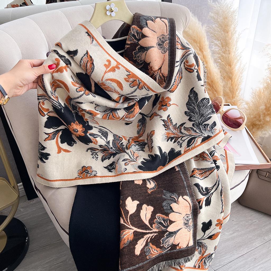 Luxury Winter Cashmere Scarf For Women Exquisite Floral Print Warm Pashmina Shawl Thick Cozy Blanket Wrap Foulard