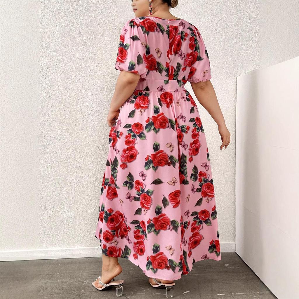 In-Stock High-Waisted Floral Puff Sleeve Dress, Spring/Summer French Style, Waist-Cinched with Large Hem for Women