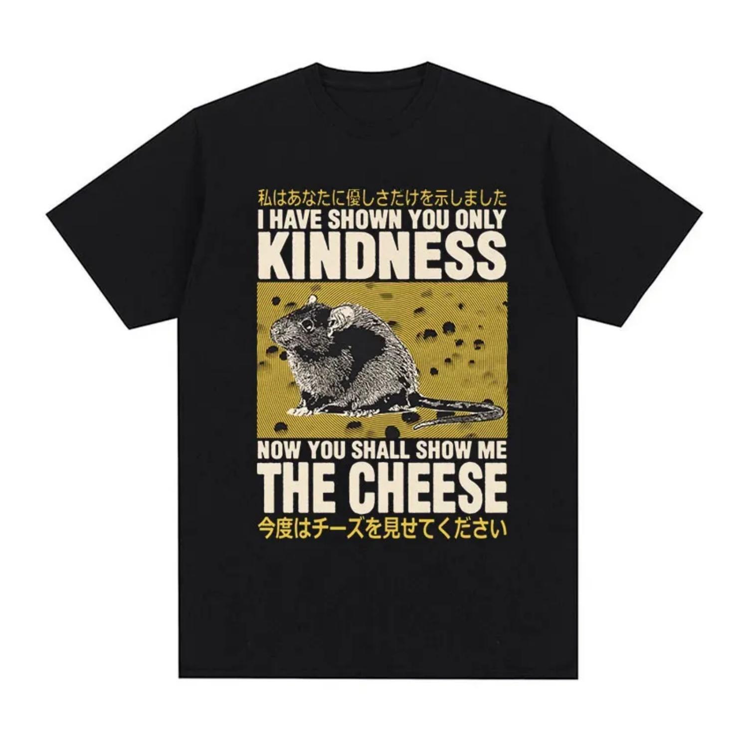 

Japanese Rat Show Me The Cheese Funny Graphic T Shirt Men Women Retro Gothic Clothing T-shirts Harajuku Oversized Cotton T-shirt S чёрный
