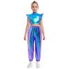 Kids Girls Hip-Hop Jazz Dance Set Mock Neck Rhinestone Mesh Patchwork Sleeveless Metallic Ruffle Crop Top with Shiny Cargo Pants