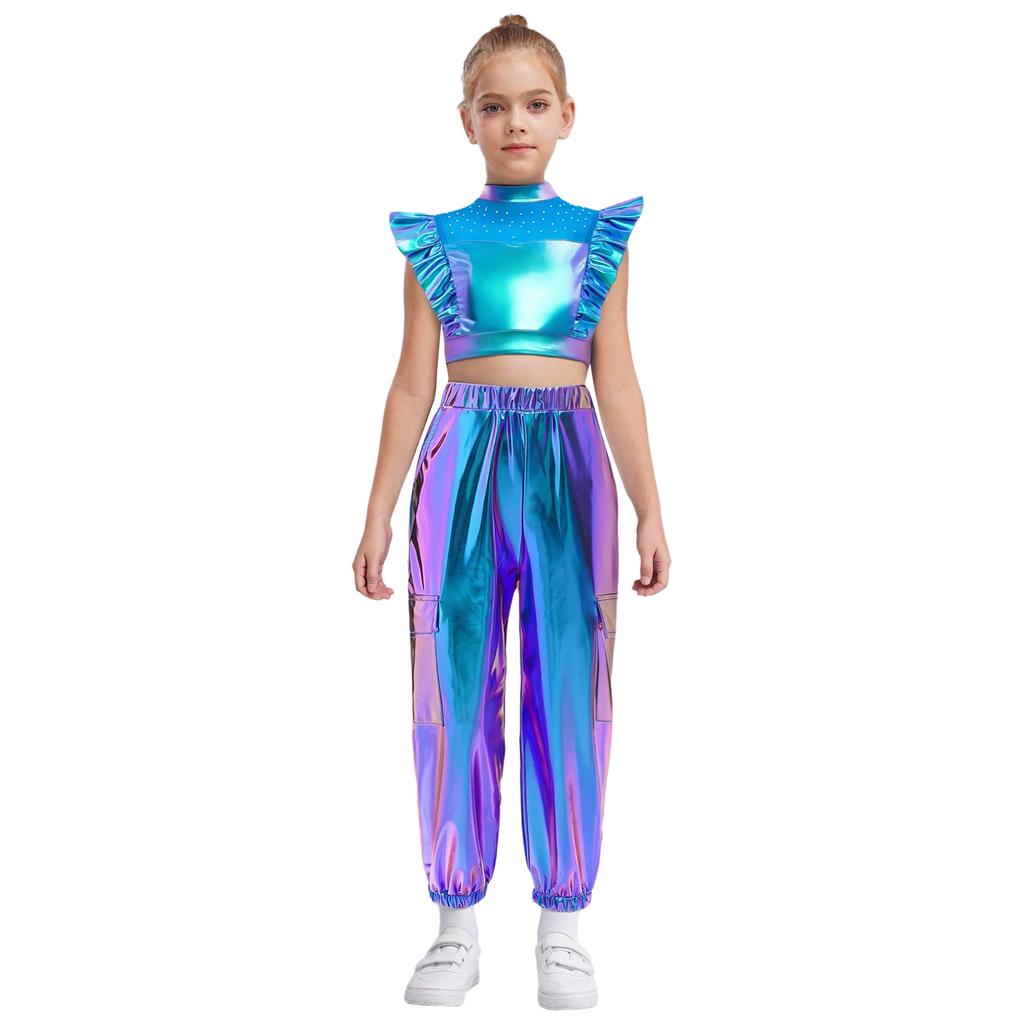 Kids Girls Hip-Hop Jazz Dance Set Mock Neck Rhinestone Mesh Patchwork Sleeveless Metallic Ruffle Crop Top with Shiny Cargo Pants