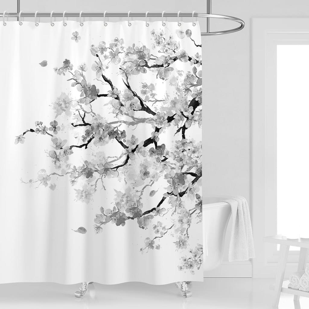 Shower Curtain Pink Cherry Floral Flowers Sakura Plum Blossom Japanese Asian Style Polyester Fabric 12 Pack Plastic Hooks