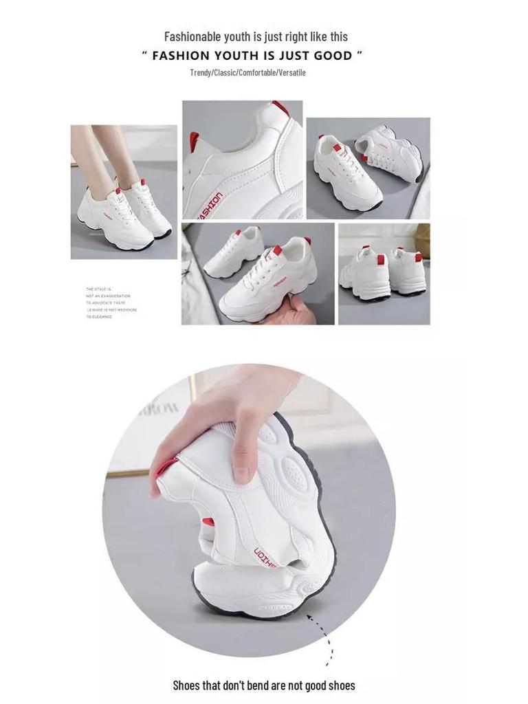 Women's 2025 White Leather Sneakers: Spring & Autumn Thick Sole Versatile Casual Shoes