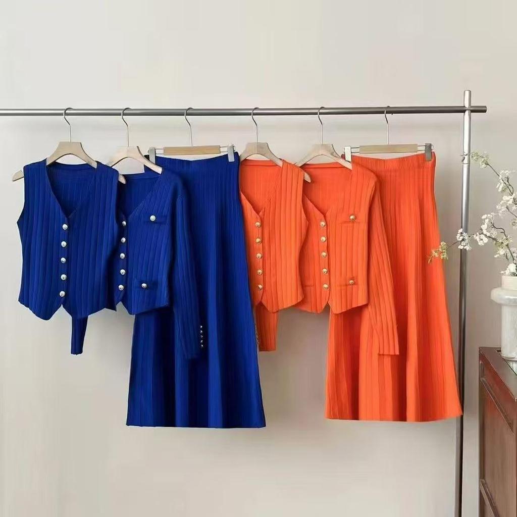 Conjunto de Falda Midi de Punto Ajustado Estilo Coreano - Colección Otoño/Verano 2025 para Mujer