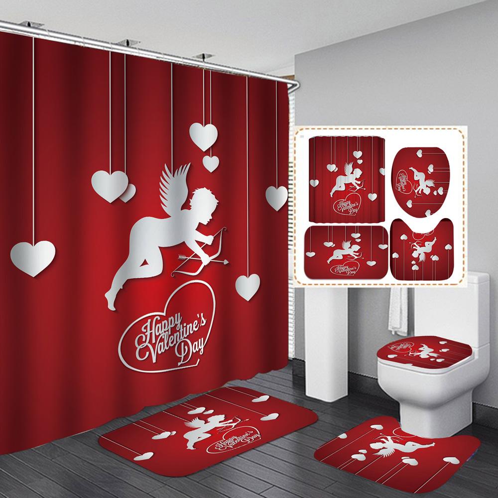 1 Set Waterproof Shower Curtain Romantic Valentine'S Day Heart Rose Bathroom Curtain Set Shower With 12Pcs Plastic Hooks