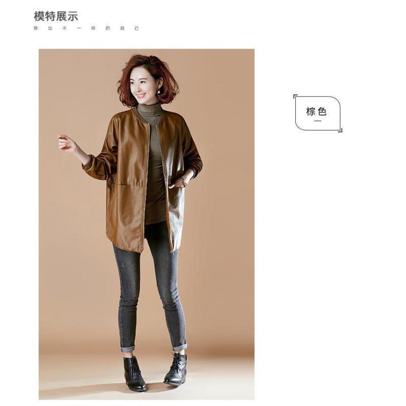Damen S Mittellange Lockere Baseball-Stil PU-Leder Jacke Mantel