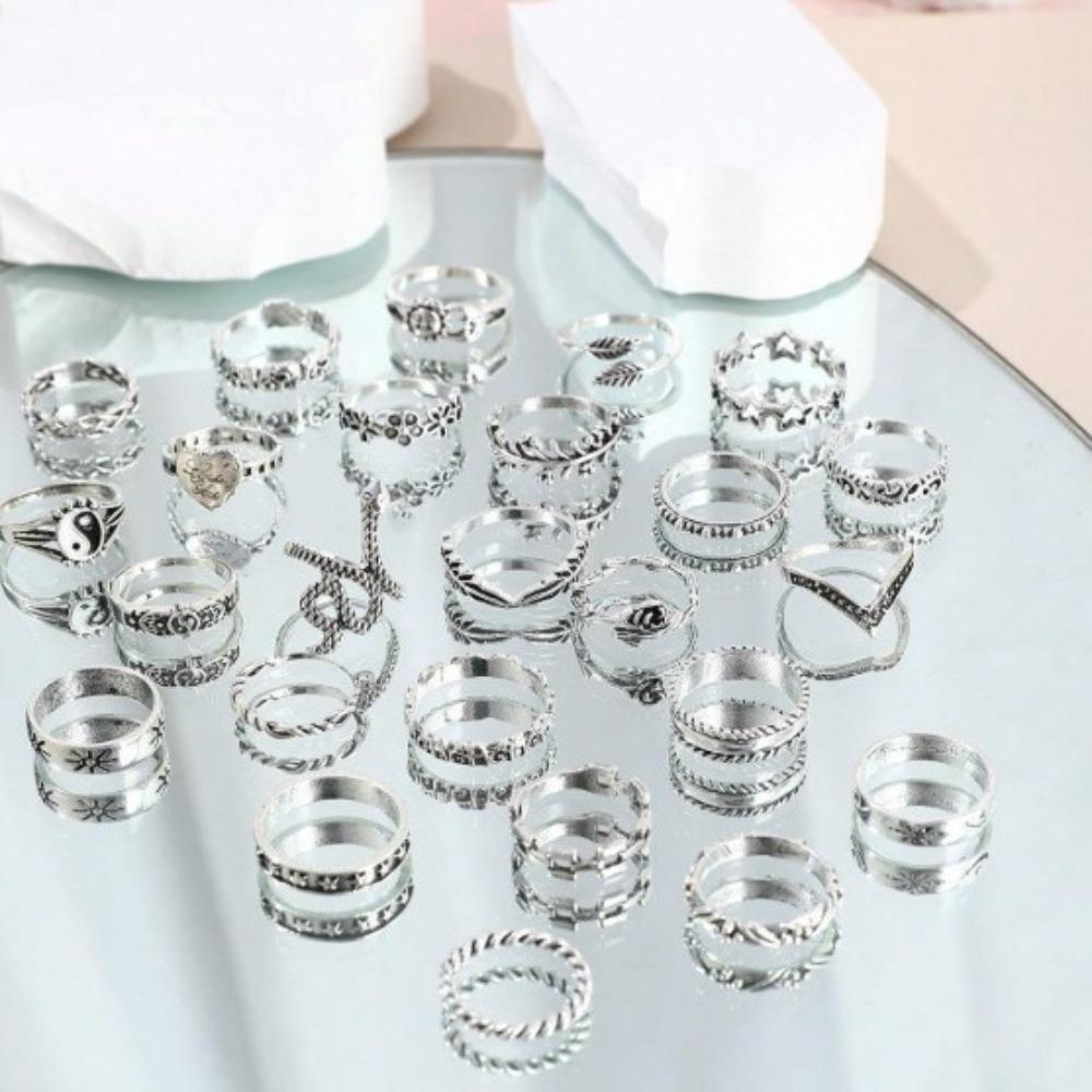 Europäisches und Amerikanisches 25-teiliges Ring-Set, Schlange Elefant Tropföl Klatsch Liebe Blätter Kleine Blumen Geometrisch Gelenkring Damen