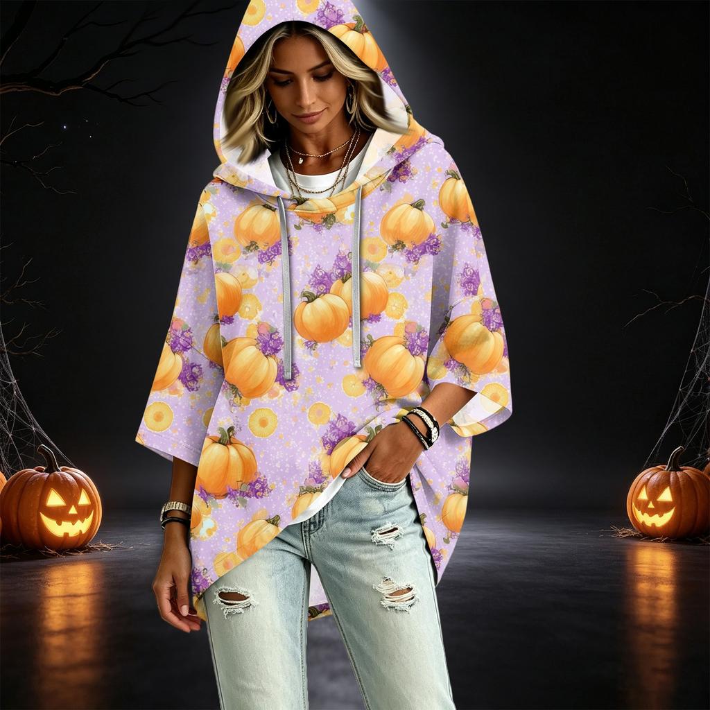 Women's Three-Quarter Sleeve Hoodie with Halloween Print Pullover Top