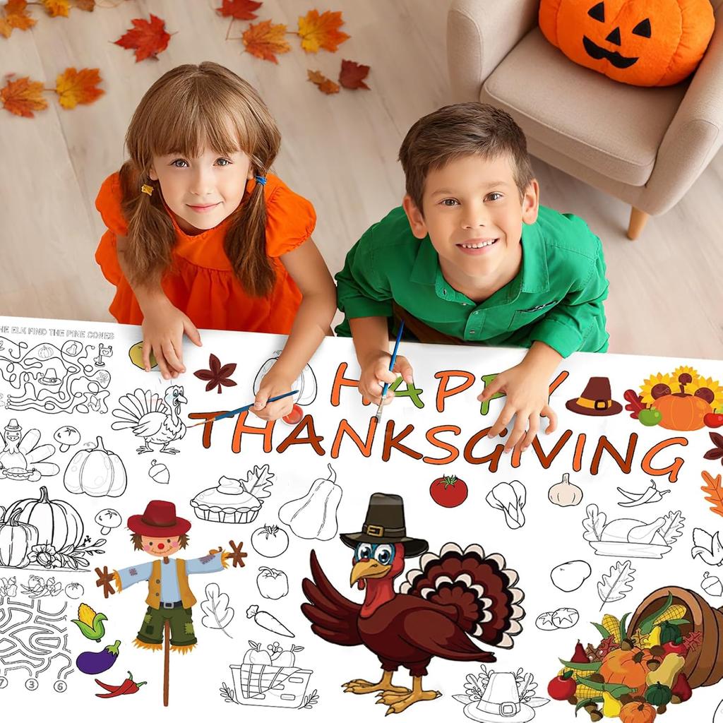 Bonropin Thanksgiving Party Giant Coloring Poster - 31.5X 72 Inches,1 Pack Thanksgiving Fall Coloring Tablecloth for Kids, Paper Holiday Themed