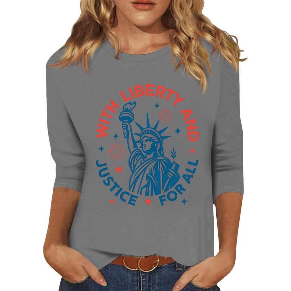 Women's Fashionable Casual Three-Quarter Sleeve 250th Anniversary Independence Day Print Neck Sweater