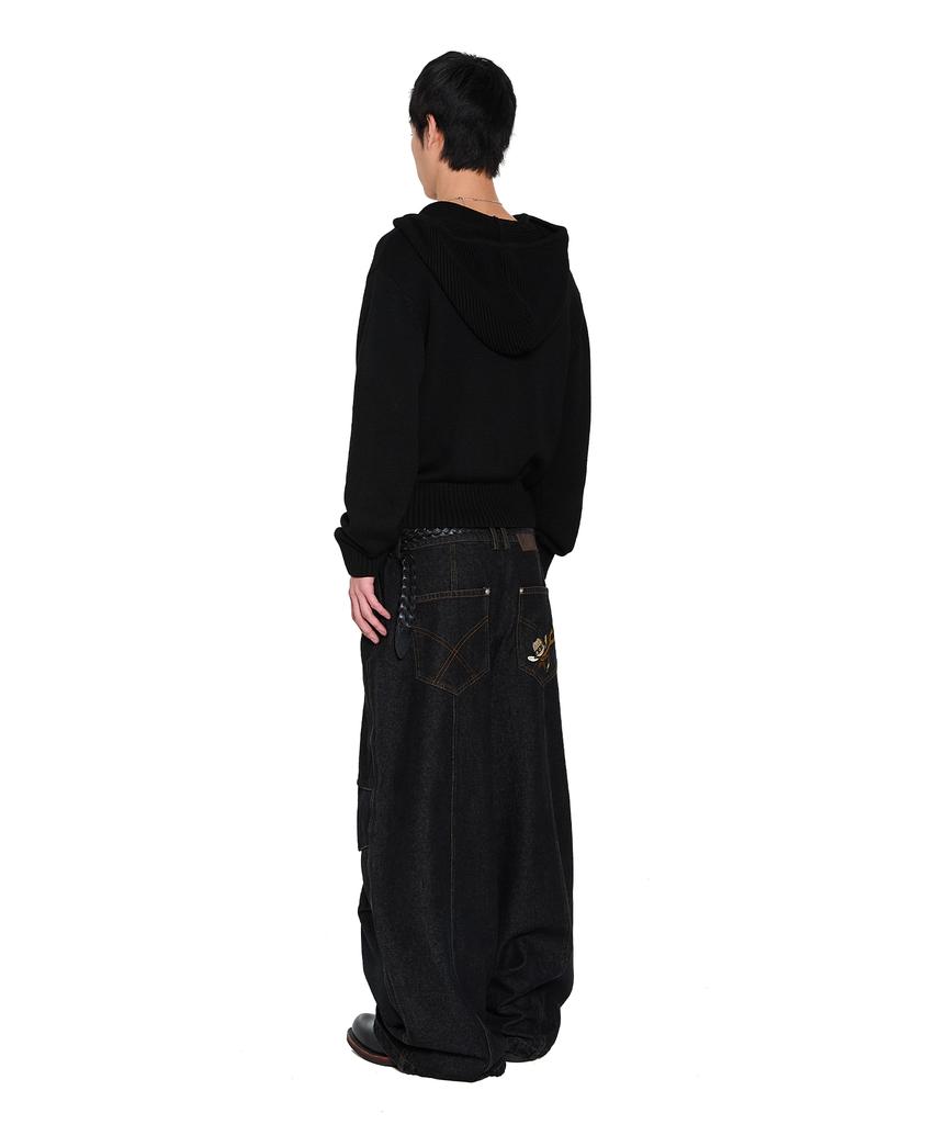 Aakam Structure Contrast Knitted Zip-Up Hoodie (Black)