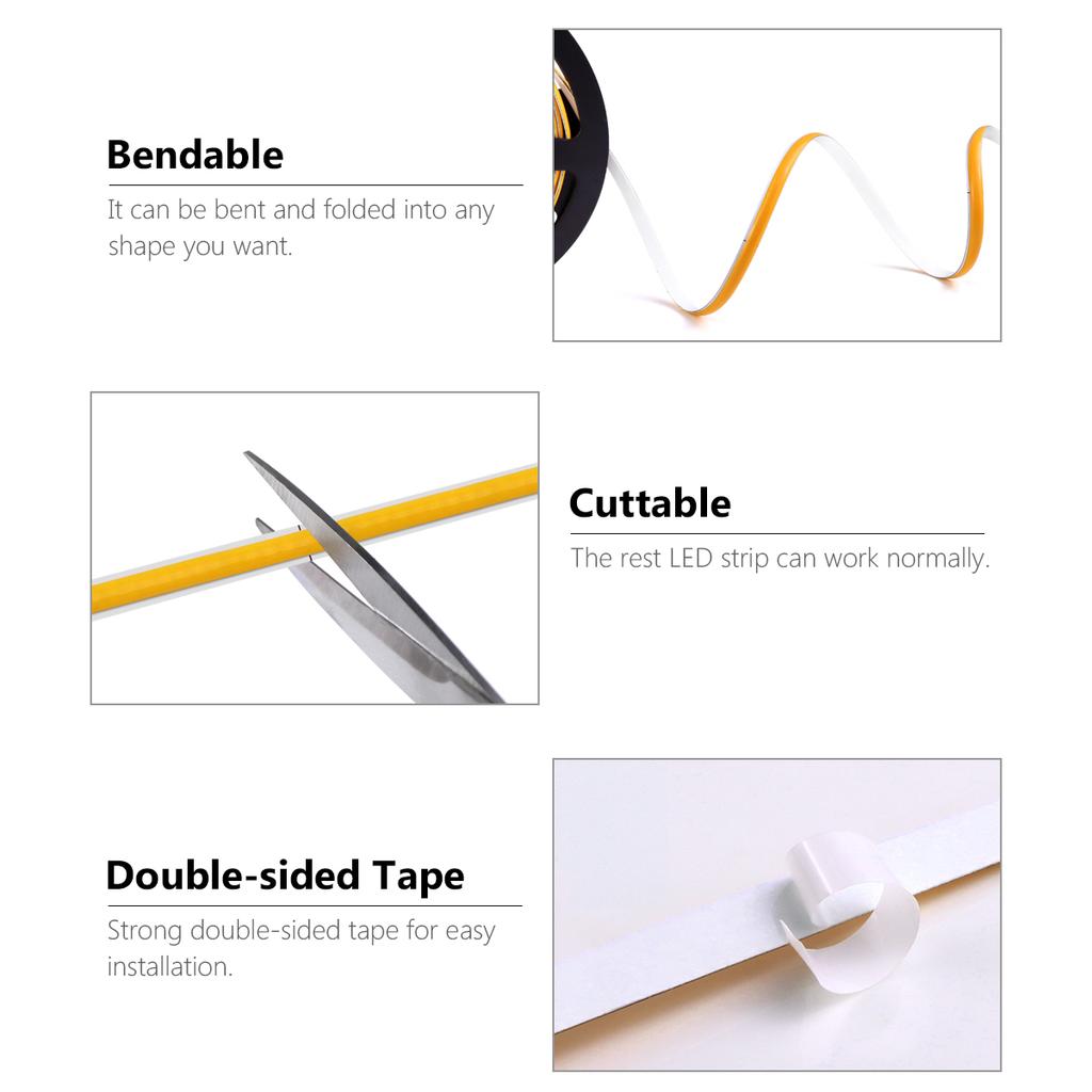 Led High Bright Cob Strip Lights 12v Flexible 5mm Pcb Width Ra90 Super Thin Neon Tape For Kitchen Cabinet Room Decoration