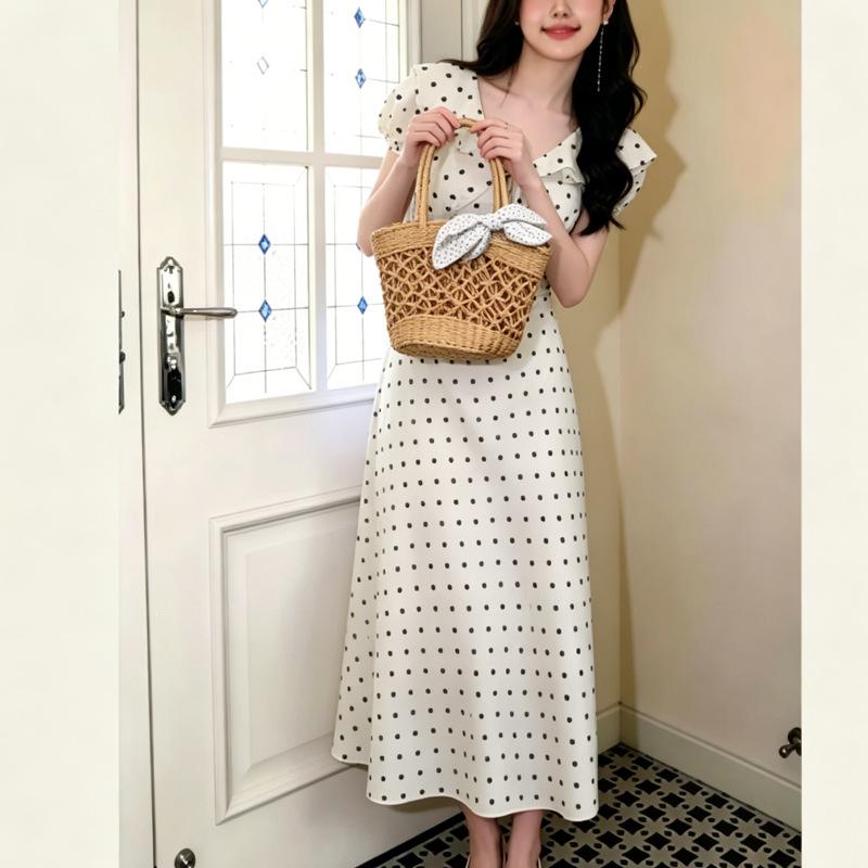 Bubble Sleeve French Lotus Leaf Edge V-Neck Polka Dot Dress Women's Summer Gentle Wind Seaside Tyndall Dress
