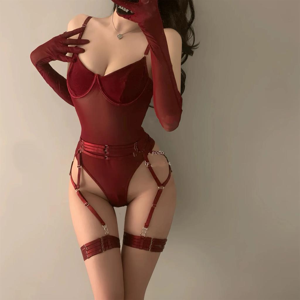 Sexy Gothic Lingerie Set Lace Bodysuit Women Underwear Bra with Gloves Wedding Mittens Tight Fitting
