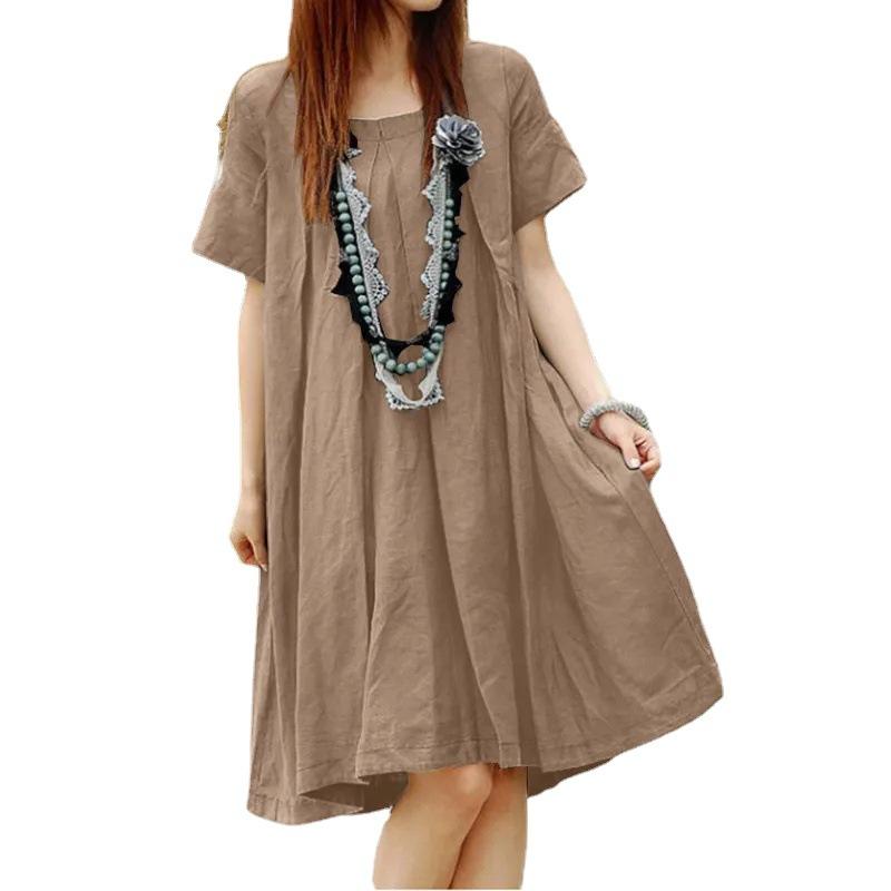 Women's Mid-length Dress Fashion Loose Pleated Round Neck Short-sleeved Dress