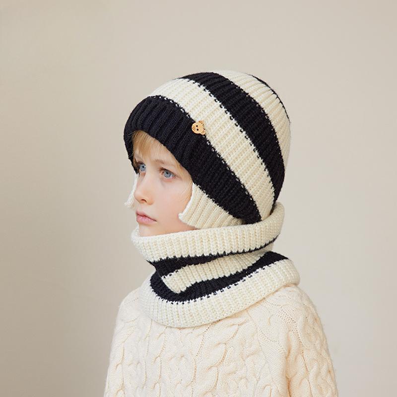 Warm Children's Knitted Hat Scarf Two-Piece Set Winter Outdoors Cold-Proof Earflaps Slipover Woolen Cap