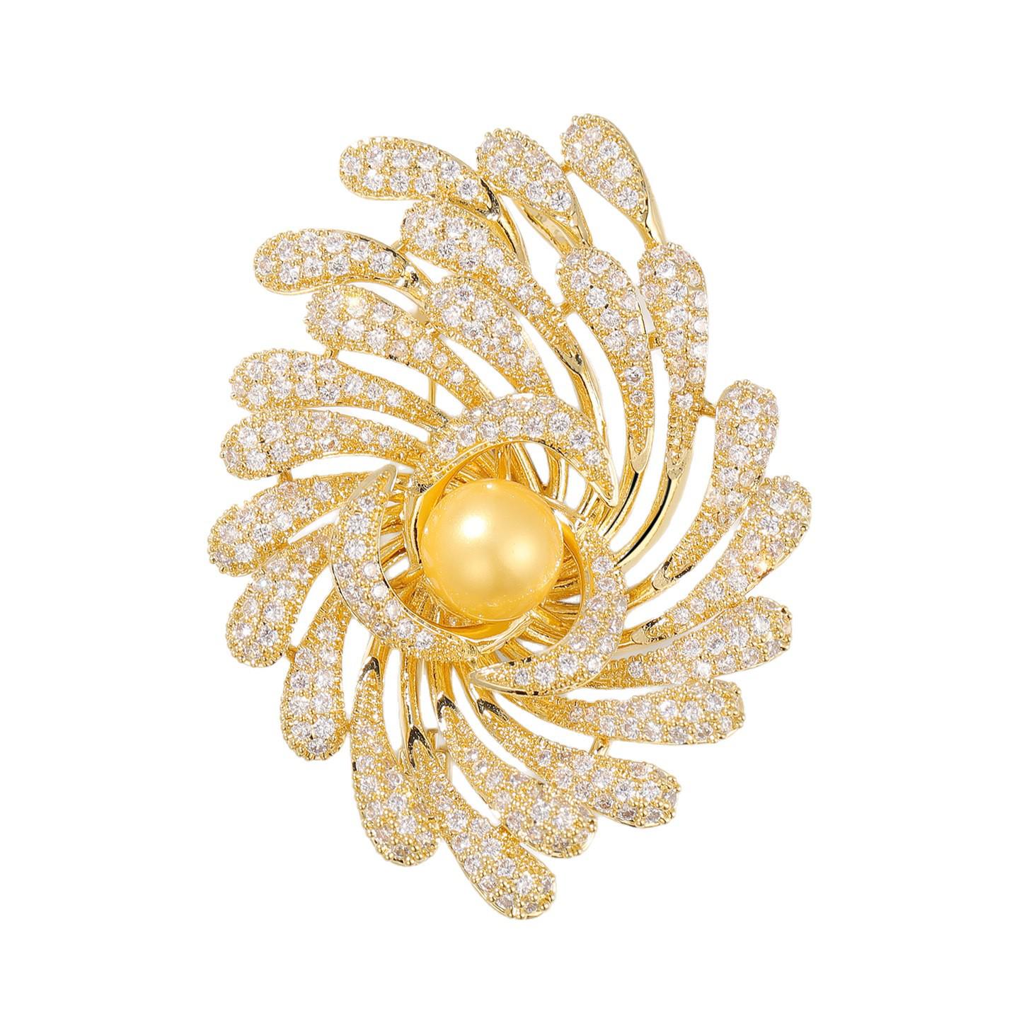 Sunflower Firework Zirconia  Freshwater Pearl Brooch - Elegant High-End Accessory