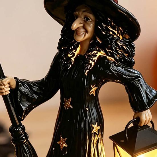 Halloween Home Decor 2Pcs Witch Night Lamp, Holding Lantern Figurine with Gothic Sculpture LED, Glowing Resin Statue for Tabletop Led Lighted