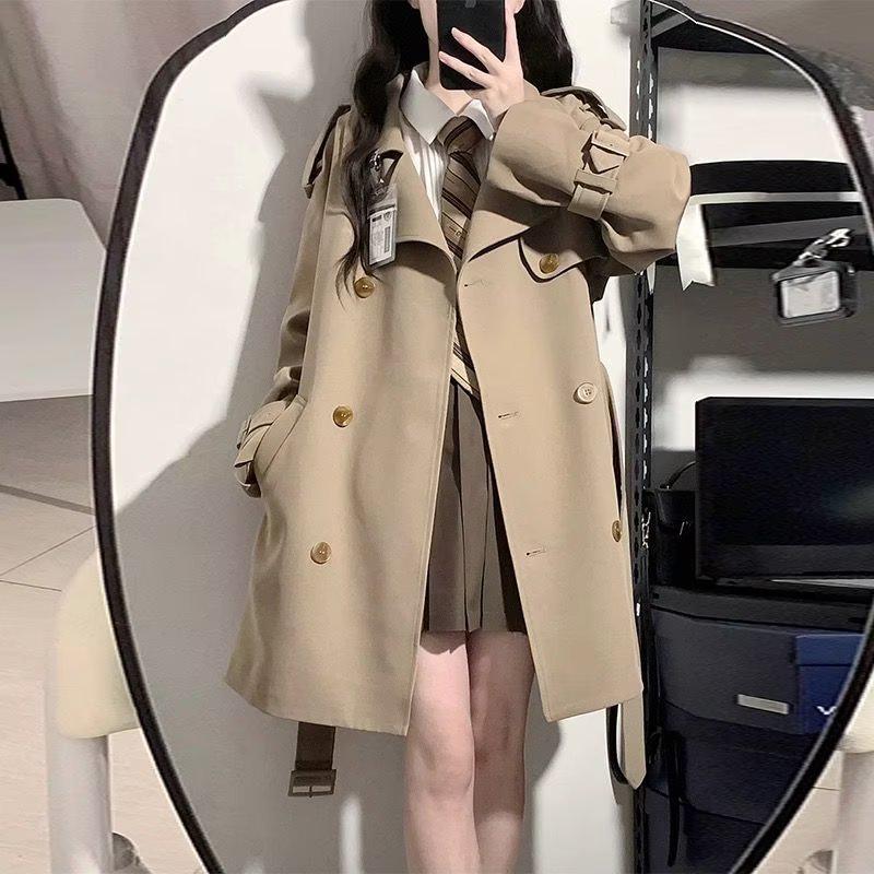 Petite Women's Black Trench Coat - 2023 Autumn/Winter Korean High Street, British Mid-Length Style