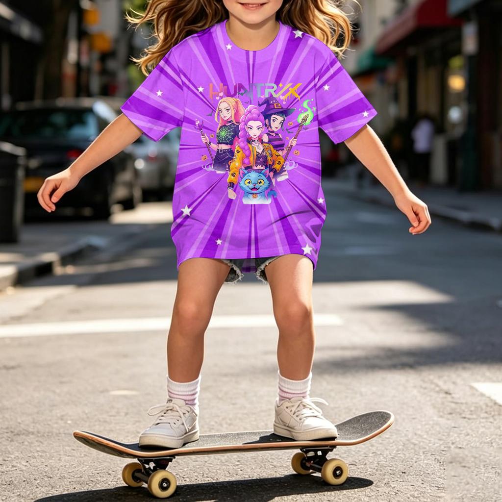 Girls Loose Fit Short Sleeve T Shirt Halloween Inspired Demon Hunter Print Casual Comfortable Top for Kids