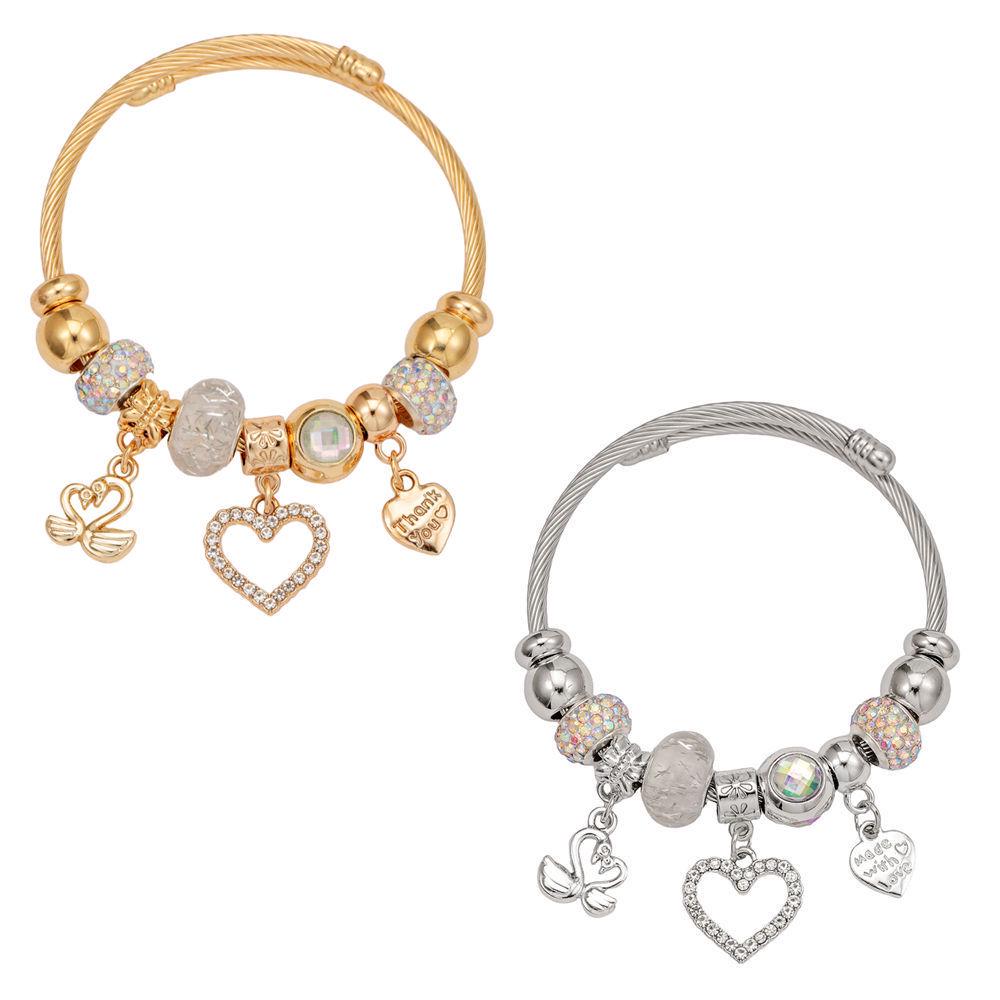 Stainless Steel European-American Heart Swan Pendant Beaded Bracelet