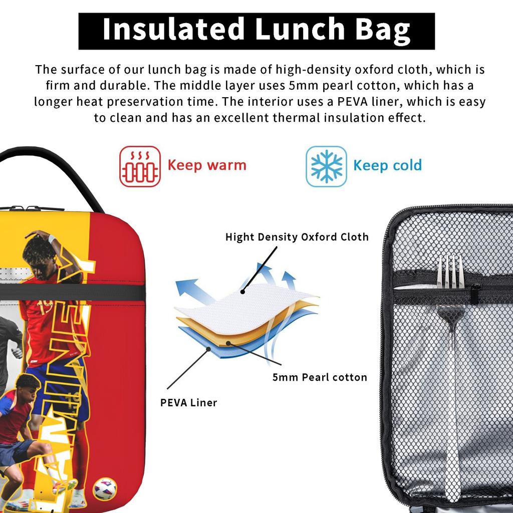 Lamine Y-Yamal Spanien Fußball Isoliert Lunchtasche Thermotasche Wiederverwendbar, Mahlzeitbehälter Hohe Kapazität Tragetasche Lunchbox Lebensmittel Handtaschen