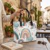 Cute Rainbow Print Canvas Tote Bag Large Capacity Casual Handbag for Daily Use