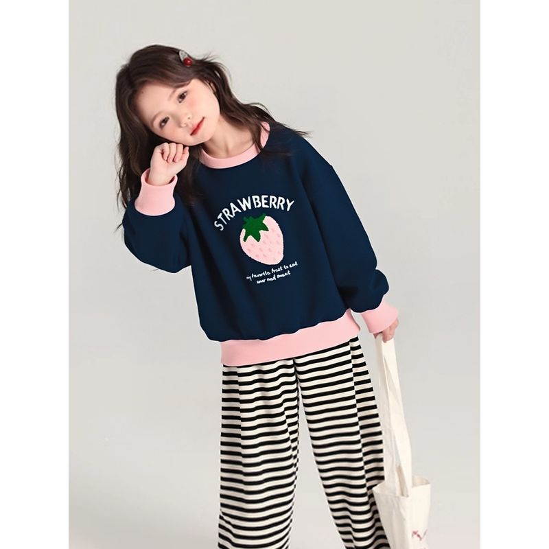 Brand Children's Clothing Korean Style Strawberry Print Kidsren's Sports Sweatshirt Fleece-Lined Autumn and Winter New Style Baby Girl Clothes