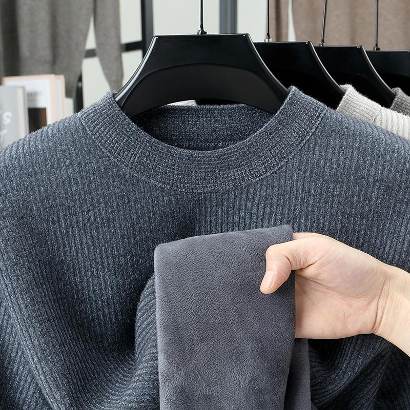 2025 Winter Men's Plus Velvet Round Neck Sweater: Casual, Simple, Warm Knitwear for Middle-Aged Comfort