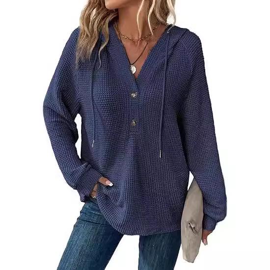 Women's V-Neck Waffle Knit Drawstring Button Long Sleeve Hoodie