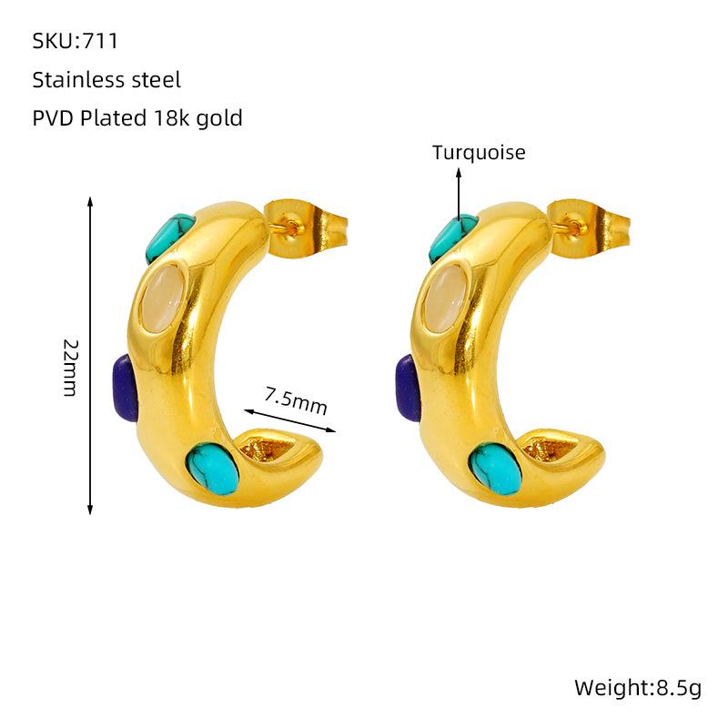 New Trendy Turquoise Inlaid Stainless Steel Hoop Earrings 18k золотой