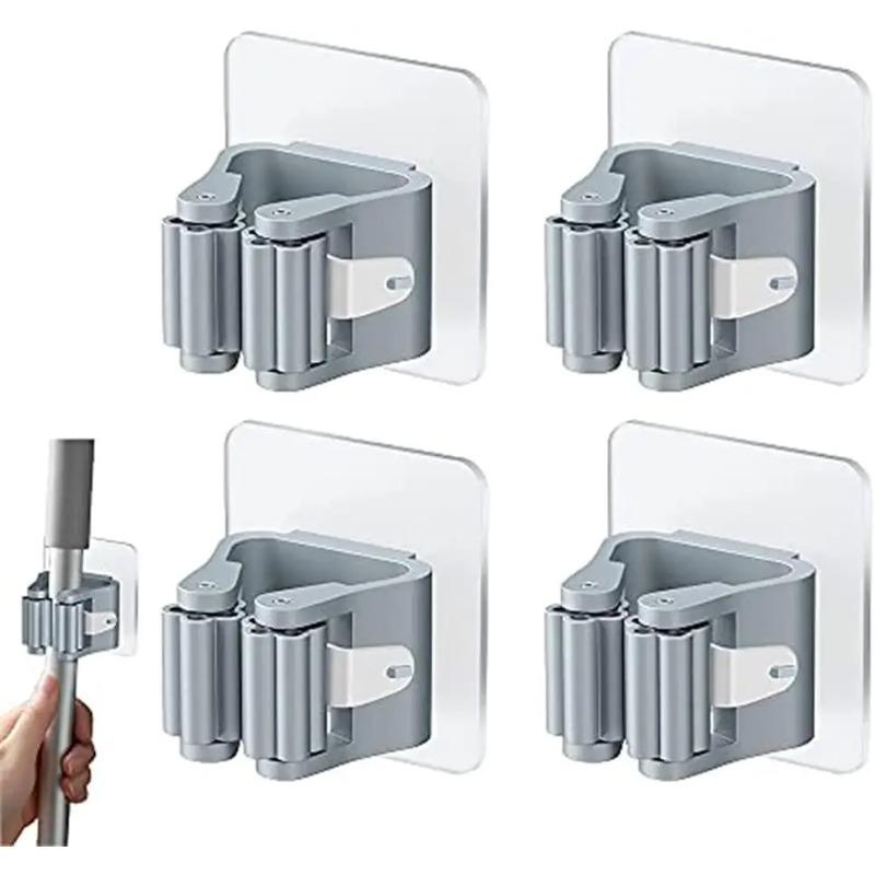 4Pcs Self Adhesive Mop Holder Broom Holder Wall Mounted White Mop and Broom Holder No Drill Wall Mounted Organizer Clip Wall Mou
